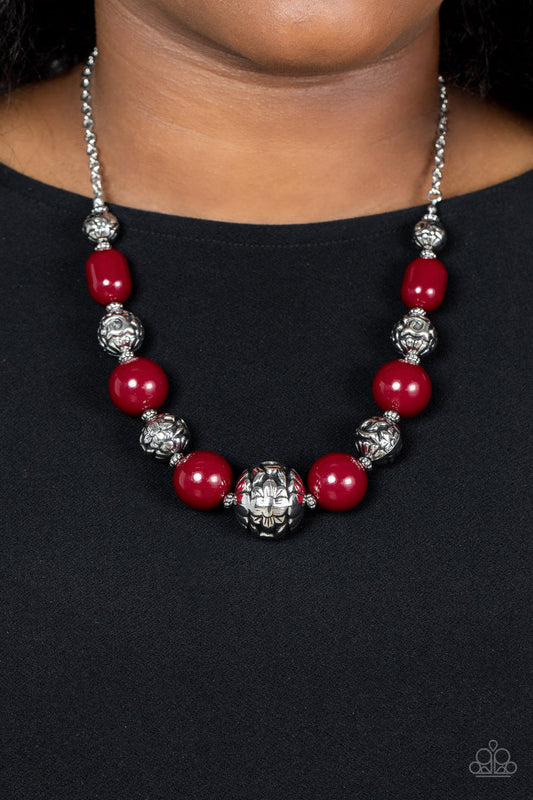 Girl Meets Garden - Red  Wine and Silver Necklace - Paparazzi Accessories - An oversized collection of wine colored beads and antiqued silver beads wrapped in a whimsical floral motif alternates along an invisible wire below the collar, resulting in a hearty pop of color.