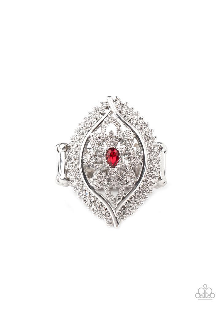 Glammed Up Gardens - Red and Silver Ring - Paparazzi Accessories - Encrusted in icy white rhinestones, glittery silver petals bloom from a fiery red teardrop rhinestone center, creating a glamorous centerpiece inside a frame of dramatically double-bordered rows of white rhinestones. Features a stretchy band for a flexible fit. Sold as one individual ring.