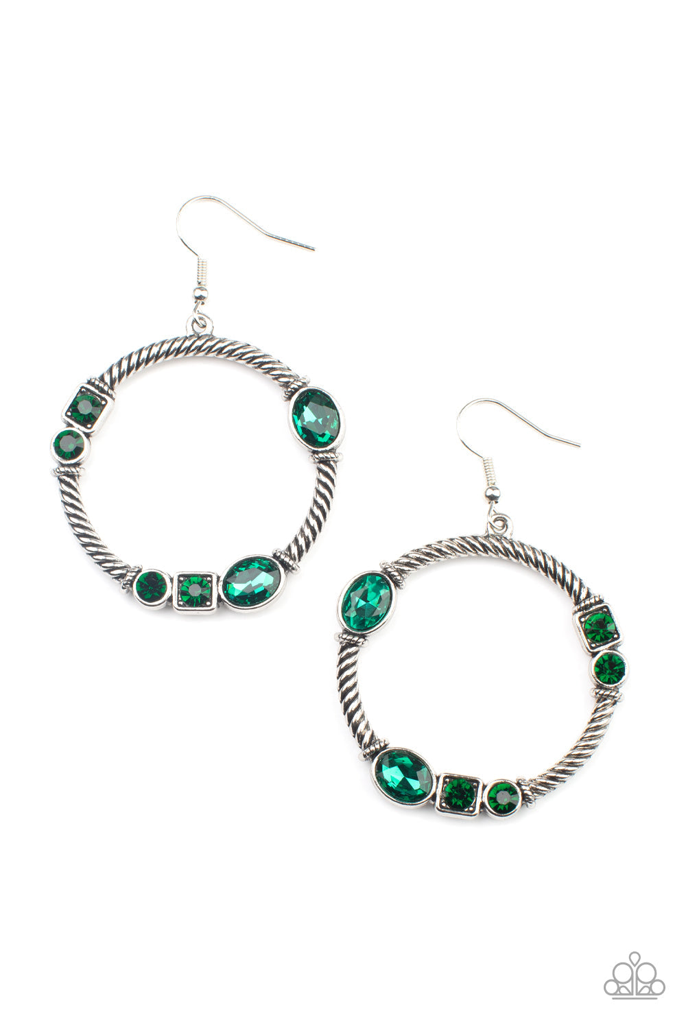 Glamorous Garland - Green and Silver Earrings - Paparazzi Accessories - Featuring round, oval, and square cuts, a collection of glittery green rhinestones haphazardly adorn the front of a textured silver hoop, for a gritty-glamorous look. Earring attaches to standard fishhook fittings. Sold as one pair of earrings.