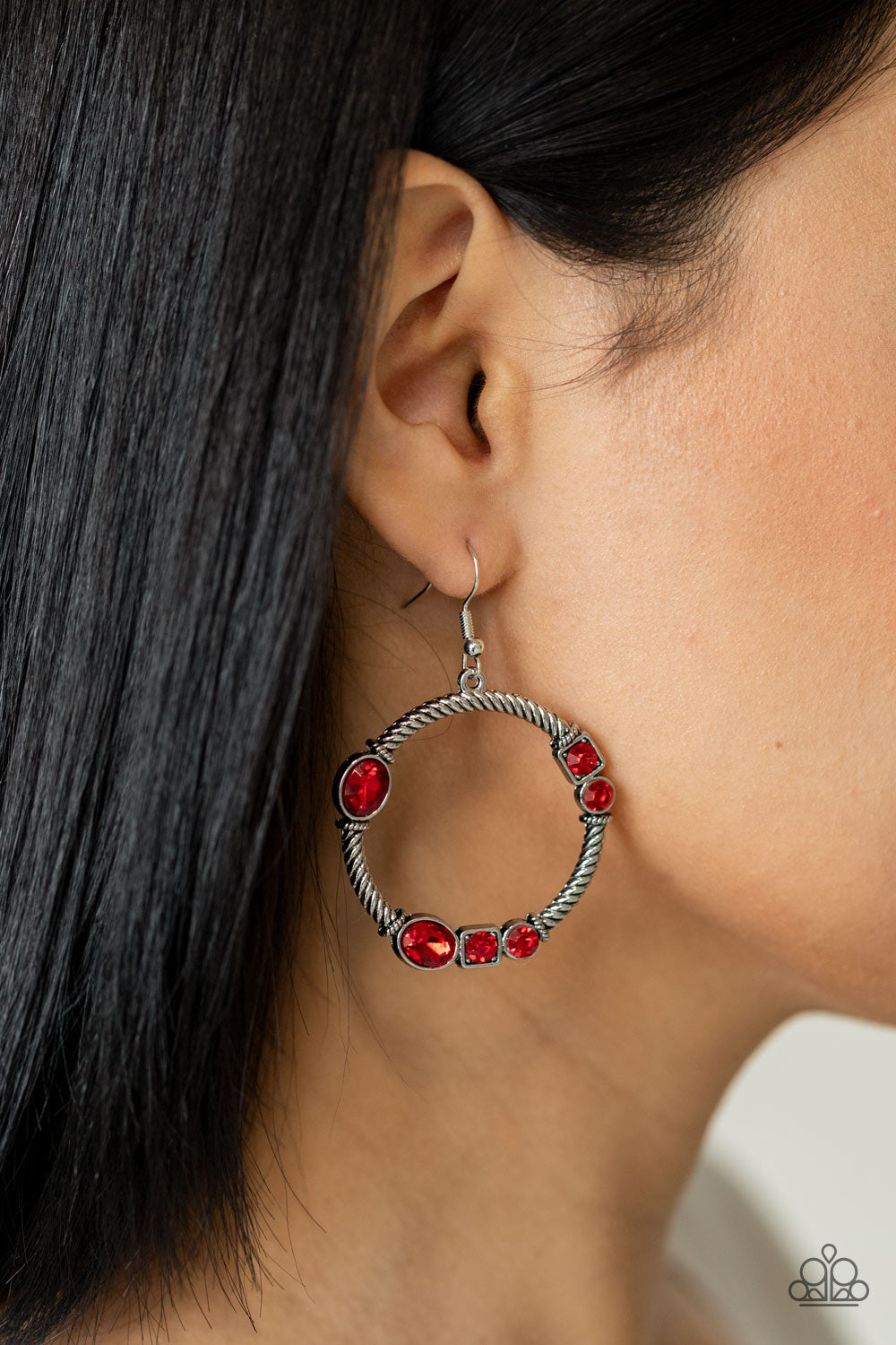 Glamorous Garland - Red and Silver Fashion Earrings - Paparazzi Accessories - Featuring round, oval, and square cuts, a collection of fiery red rhinestones haphazardly adorn the front of a textured silver hoop, for a gritty-glamorous unique earrings.