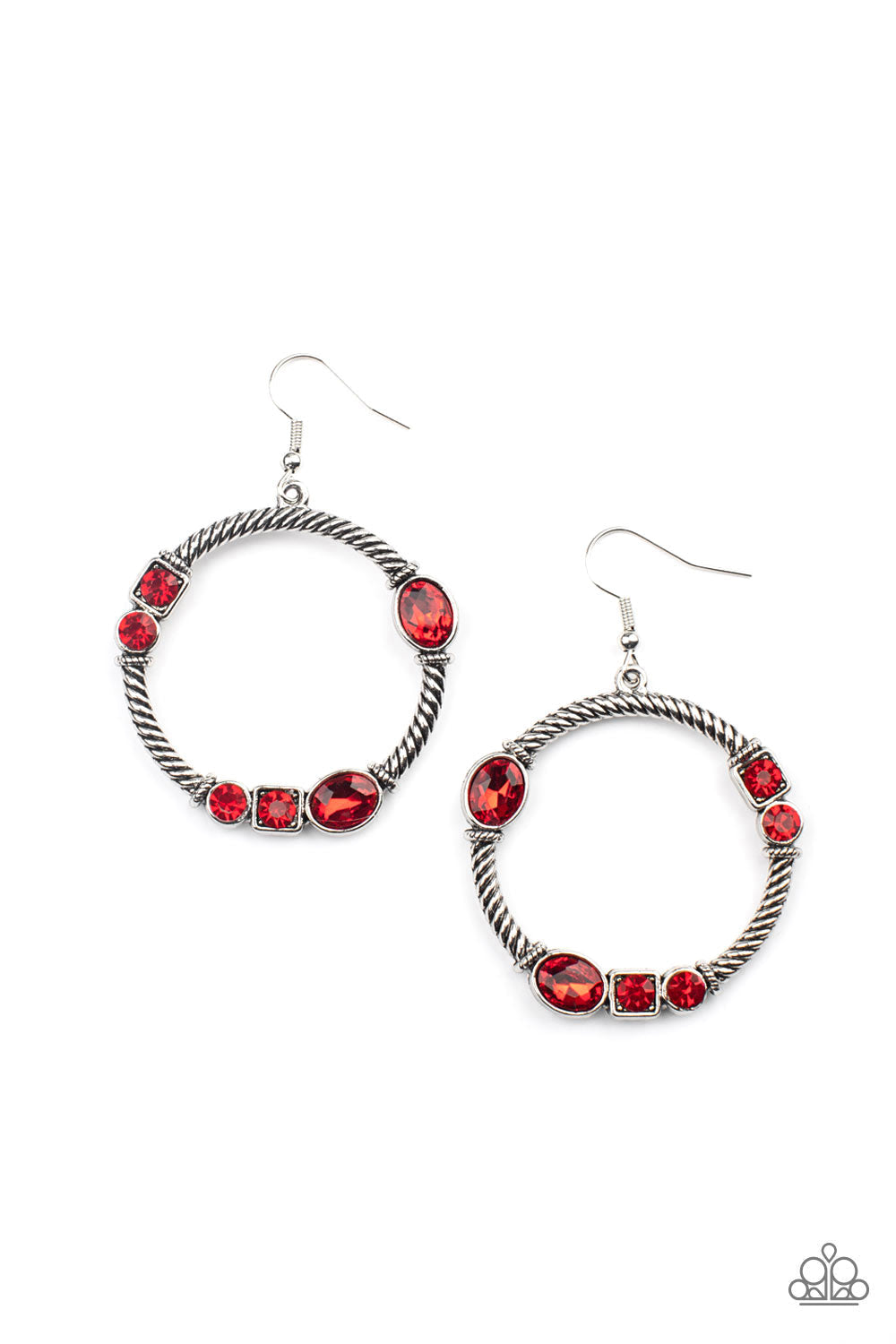 Glamorous Garland - Red and Silver Earrings - Paparazzi Accessories - Featuring round, oval, and square cuts, a collection of fiery red rhinestones haphazardly adorn the front of a textured silver hoop, for a gritty-glamorous stylish fashion earrings. 