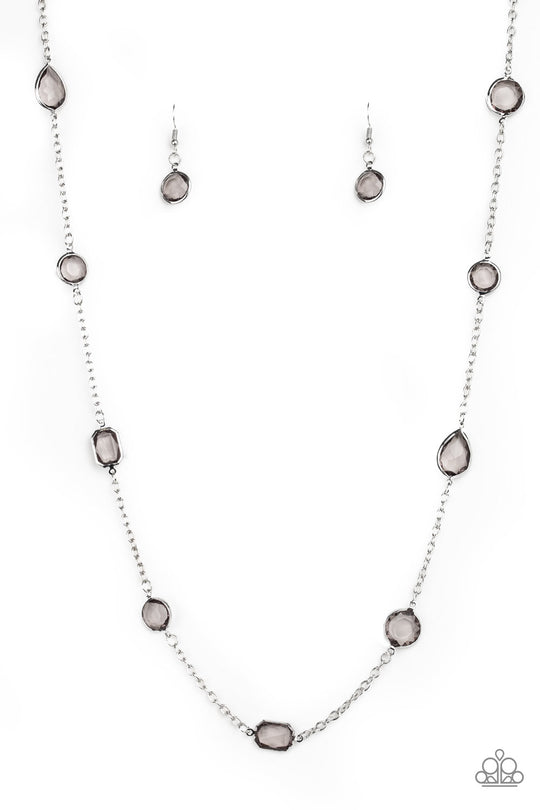 Glassy Glamorous - Silver Necklace - Paparazzi Accessories - Featuring sleek silver fittings, an array of glassy smoky gemstones trickle along a shimmery silver chain for a glamorous look. Features an adjustable clasp closure. Sold as one individual necklace.