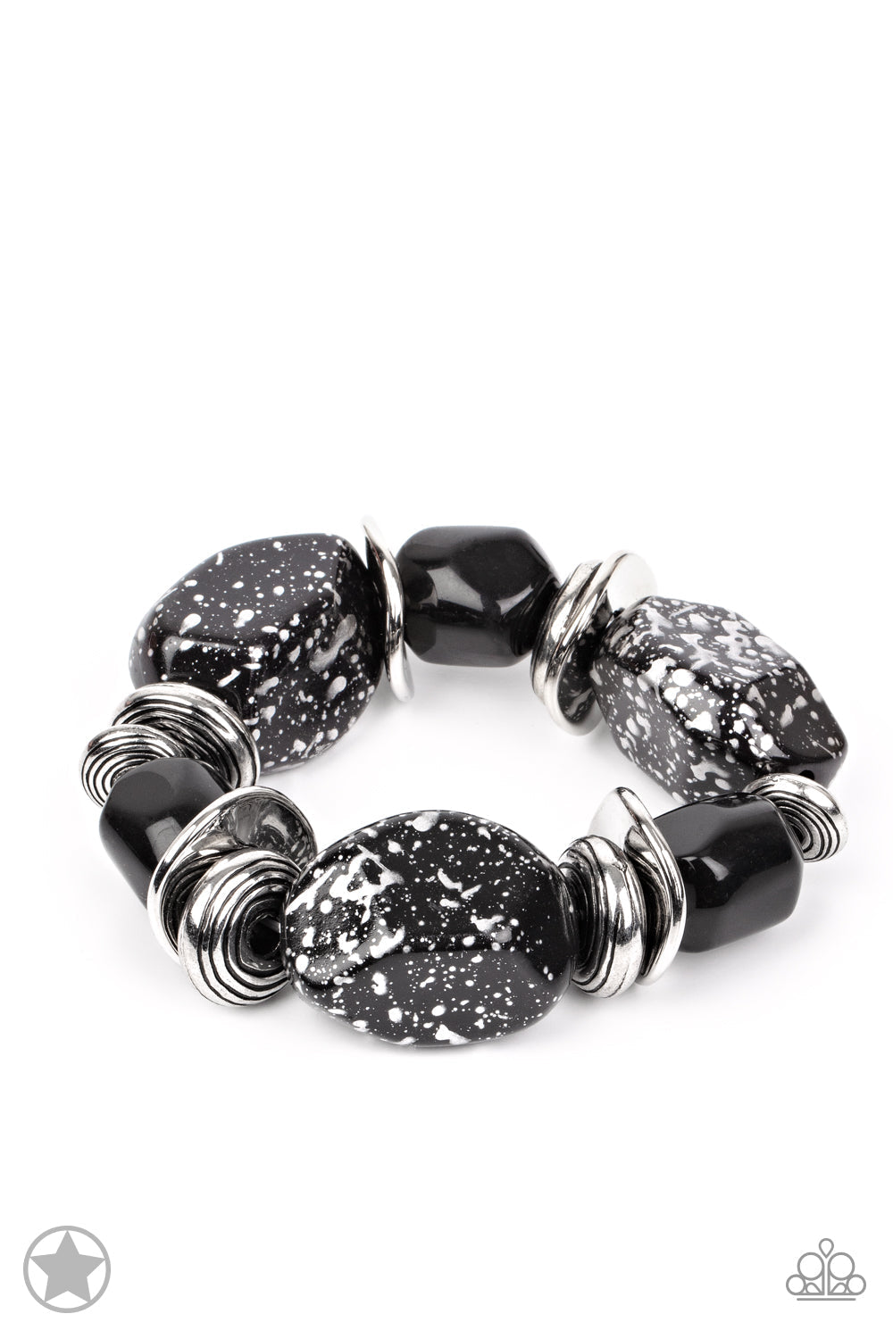 Glaze of Glory - Black and Silver Bracelet - Paparazzi Accessories - Chunky black beads with speckles of silver and a gorgeous glazed finish are threaded along a stretchy band with thick silver rings. Sold as one individual bracelet. 