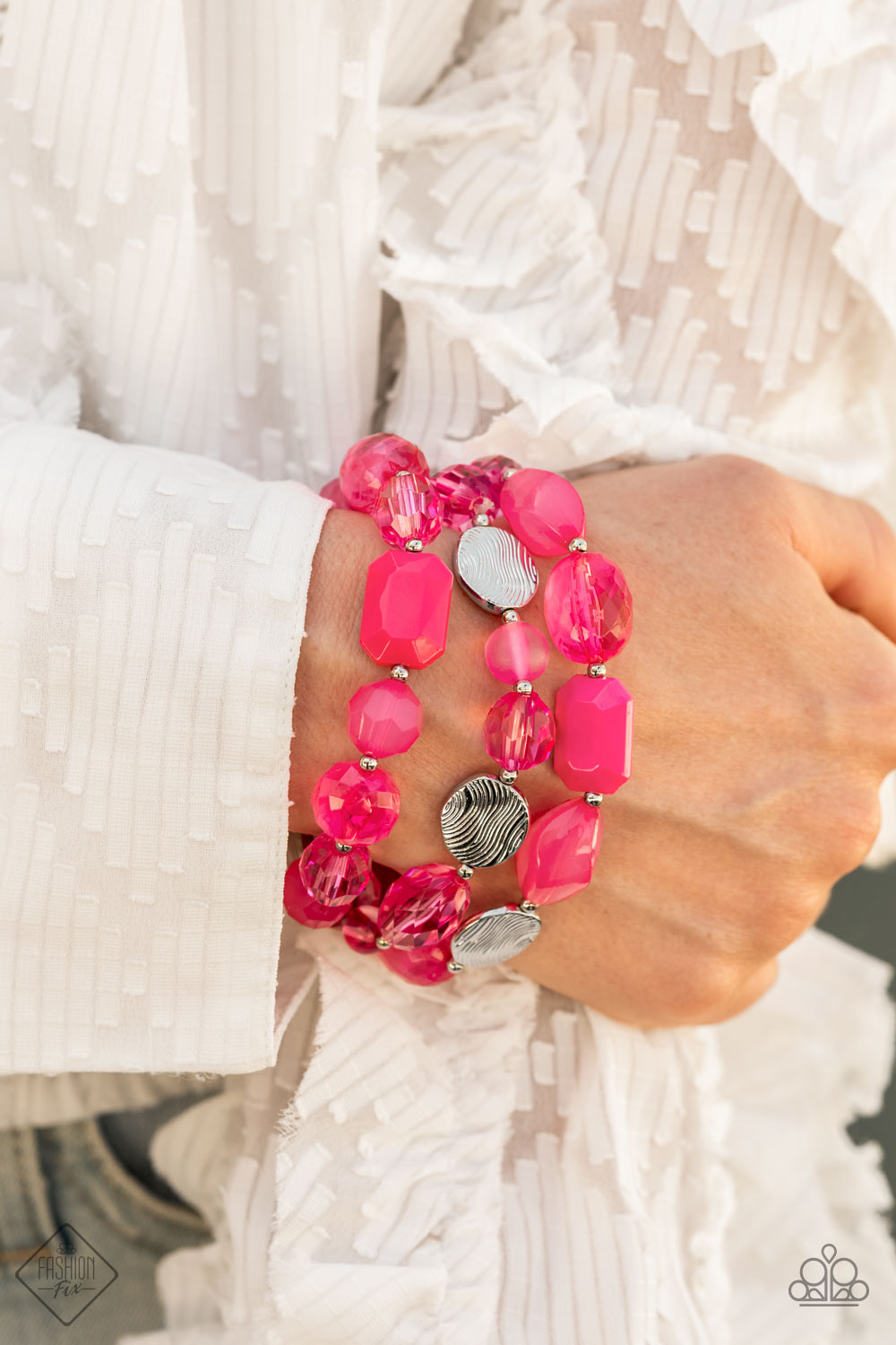 Glimpses of Malibu - Complete Pink and Silver Trend Blend Set - Paparazzi Accessories - Jewelry Set - One of each accessory featured in the Glimpses of Malibu Trend Blend: Oceanic Opulence Pink Necklace; High Tide Terrace Earrings; Oceanside Bliss Bracelet; and Pier Paradise Ring The Glimpses of Malibu collection was created with inspiration from the styles of Malibu, CA.