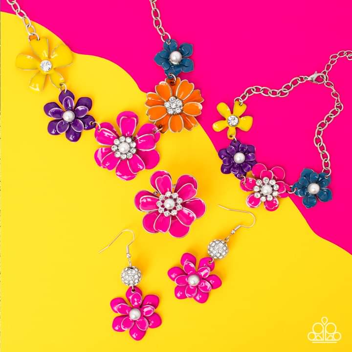 Glimpses of Malibu Trend Blend Set - Colorful Flowers Jewelry - Paparazzi Accessories - This 4 piece jewelry set includes one of each accessory featured in the Glimpses of Malibu Trend Blend in September's Fashion Fix:  Floral Reverie Necklace, Bewitching Botany Earrings, Flower Patch Fantasy Bracelet, Budding Bliss Fashion Ring.