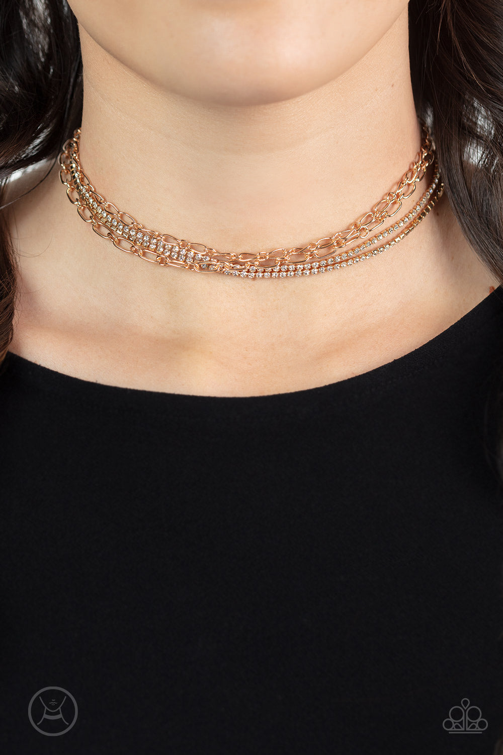 Glitter and Gossip - Gold Choker Necklace - Paparazzi Accessories - Pairs of gold chains and strands of glittery white rhinestones layer around the neck, resulting in stacks of shimmer. Features an adjustable clasp closure.  Sold as one individual choker necklace.