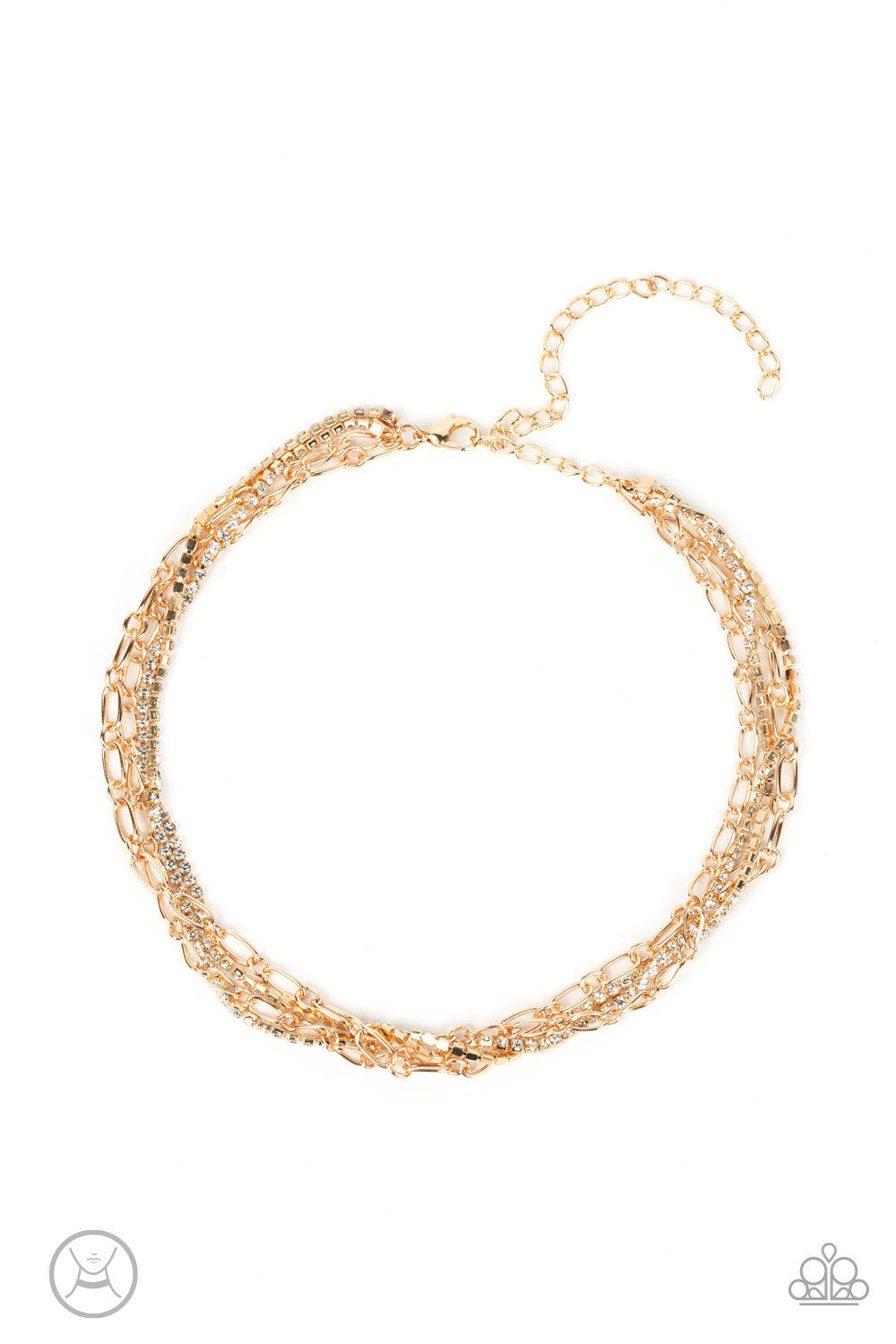 Glitter and Gossip - Gold Choker Necklace - Paparazzi Accessories - Pairs of gold chains and strands of glittery white rhinestones layer around the neck, resulting in stacks of shimmer. Features an adjustable clasp closure. Sold as one individual choker necklace.
