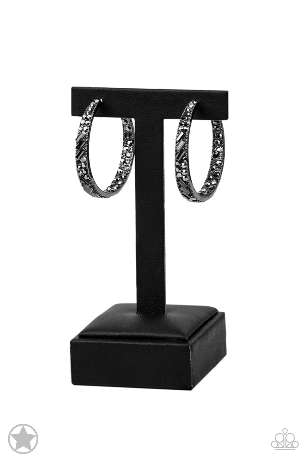 GLITZY By Association - Black - Gunmetal Hoop Earrings - Paparazzi Accessories - The front facing surface of a chunky gunmetal hoop is dipped in brilliantly sparkling hematite rhinestones while light-catching texture wraps around the back. The interior of the hoop features the opposite pattern, creating the illusion of a full hoop of blinding shimmer. Earring attaches to a standard post fitting. Hoop measures 1 3/4" in. 