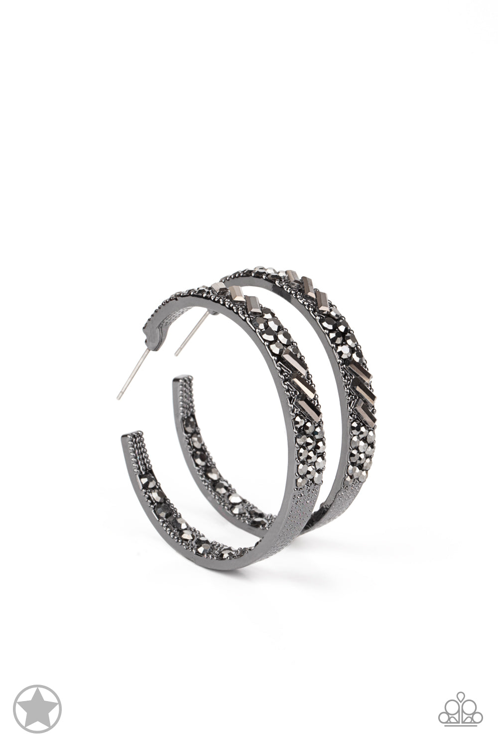 GLITZY By Association - Black - Gunmetal Hoop Earrings - Paparazzi Accessories - The front facing surface of a chunky gunmetal hoop is dipped in brilliantly sparkling hematite rhinestones while light-catching texture wraps around the back. The interior of the hoop features the opposite pattern, creating the illusion of a full hoop of blinding shimmer. Earring attaches to a standard post fitting. Hoop measures 1 3/4" in.