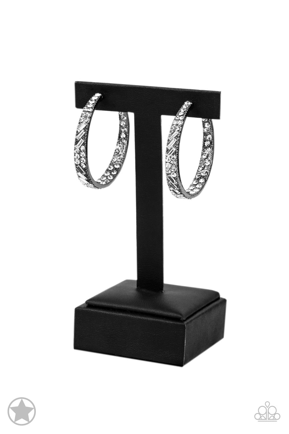 GLITZY By Association - Gunmetal Earrings - Paparazzi Accessories - The front facing surface of a chunky gunmetal hoop is dipped in brilliantly sparkling rhinestones while light-catching texture wraps around the back. The interior of the hoop features the opposite pattern, creating the illusion of a full hoop of blinding rhinestones. Earring attaches to a standard post fitting. Hoop measures 1 3/4" in diameter.