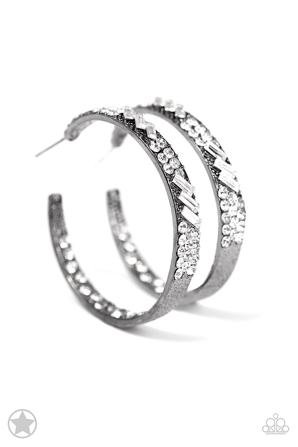 GLITZY By Association - Gunmetal Earrings - Paparazzi Accessories - The front facing surface of a chunky gunmetal hoop is dipped in brilliantly sparkling rhinestones while light-catching texture wraps around the back. The interior of the hoop features the opposite pattern, creating the illusion of a full hoop of blinding rhinestones. Earring attaches to a standard post fitting. Hoop measures 1 3/4" in diameter.