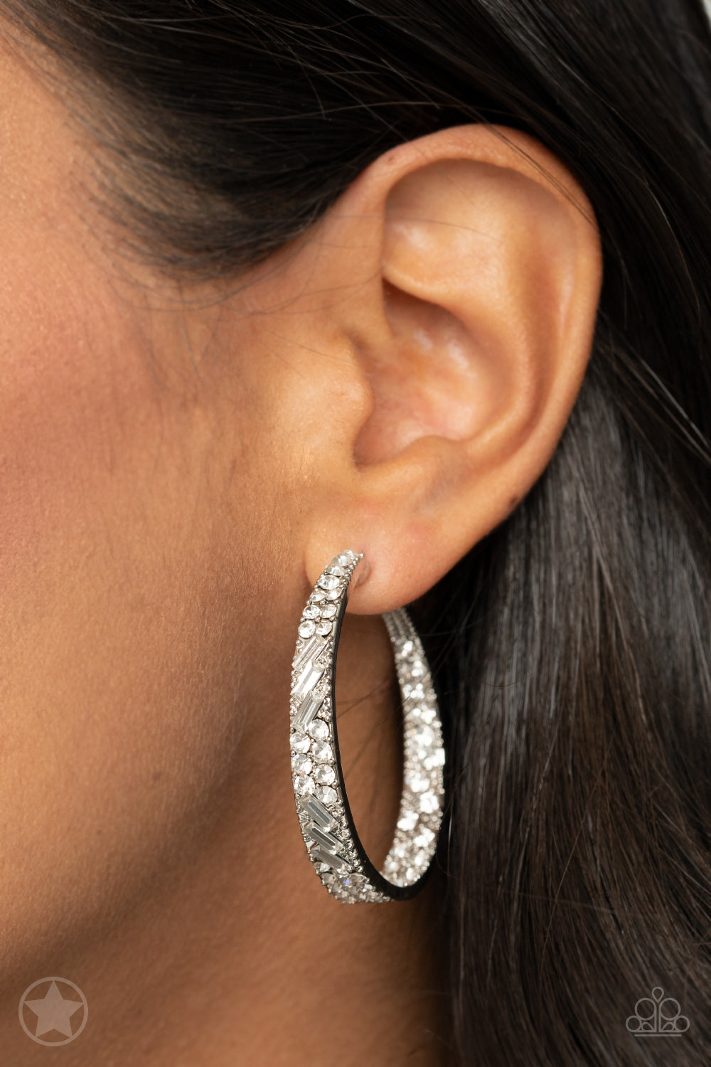 GLITZY By Association - Silver Hoop Earrings - Paparazzi Accessories - Chunky silver hoop is dipped in brilliantly sparkling rhinestones while light-catching texture wraps around the back. The interior of the hoop features the opposite pattern, creating the illusion of a full hoop of blinding rhinestones.