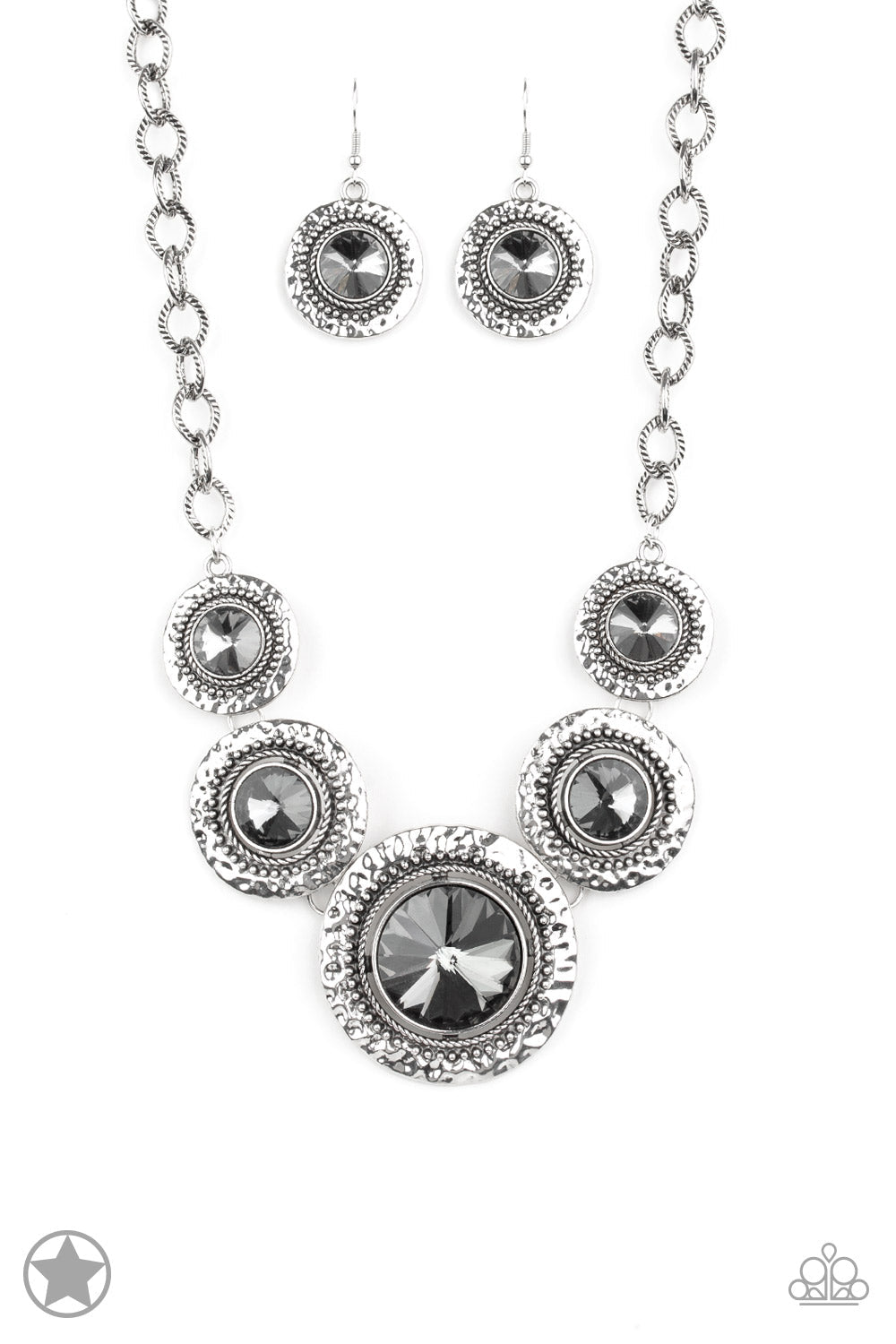 Global Glamour - Silver Necklace - Paparazzi Accessories - Dramatically oversized smoky gems are pressed into the centers of hammered and silver studded frames. The blinding frames link below the collar for a glamorous, statement-making stylish necklace. Bejeweled Accessories By Kristie - Trendy fashion jewelry for everyone -