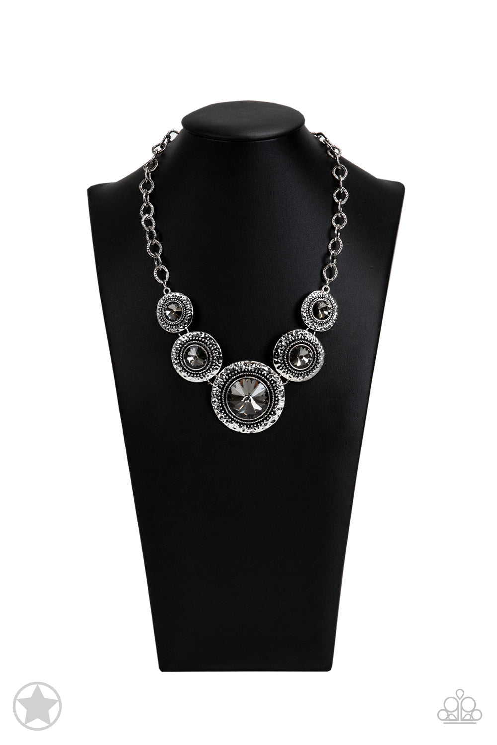 Global Glamour - Silver Necklace - Paparazzi Accessories - dramatically oversized smoky gems are pressed into the centers of hammered and silver studded frames. The blinding frames link below the collar for a glamorous, statement-making finish. Bejeweled Accessories By Kristie - Trendy fashion jewelry for everyone -