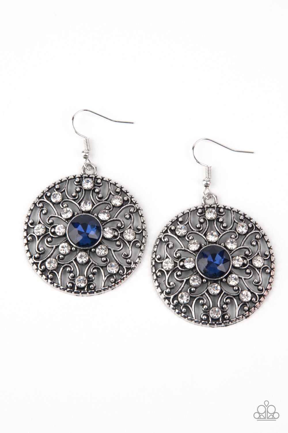 GLOW Your True Colors - Blue and Silver Earrings - Paparazzi Accessories - Dotted in glassy white rhinestones, a backdrop of studded silver vine-like filigree climbs a circular frame. An oversized blue rhinestone embellishes the center for a whimsical finish. Earring attaches to a standard fishhook fitting. Sold as one pair of earrings.