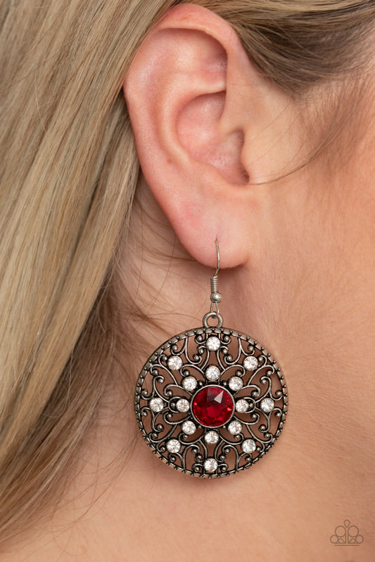 GLOW Your True Colors - Red and Silver Earrings - Paparazzi Accessories - Dotted in glassy white rhinestones, a backdrop of studded silver vine-like filigree climbs a circular frame. An oversized red rhinestone embellishes the center for a whimsical finish. Earring attaches to a standard fishhook fitting. Sold as one pair of earrings.