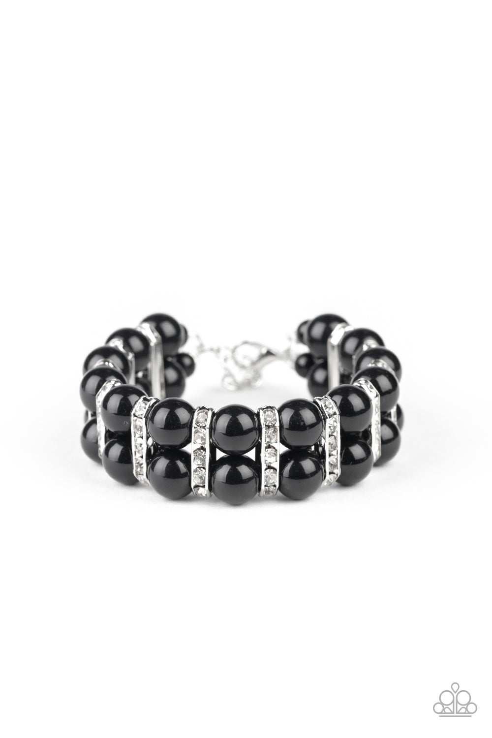Glowing Glam - Black and Silver Bracelet - Paparazzi Accessories - Pairs of polished black beads and white rhinestone encrusted silver fittings are threaded along an invisible wire around the wrist for a refined flair. Features an adjustable clasp closure stylish fashion bracelet.