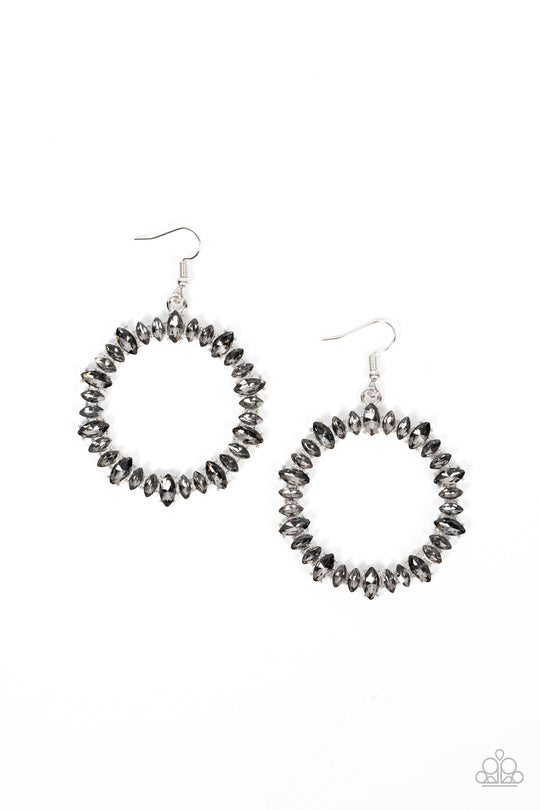 Glowing Reviews Silver Earrings - Paparazzi Accessories - A smoky collection of marquise cut rhinestones delicately coalesce into a brilliant hoop for a show-stopping finish. Earring attaches to a standard fishhook fitting.
