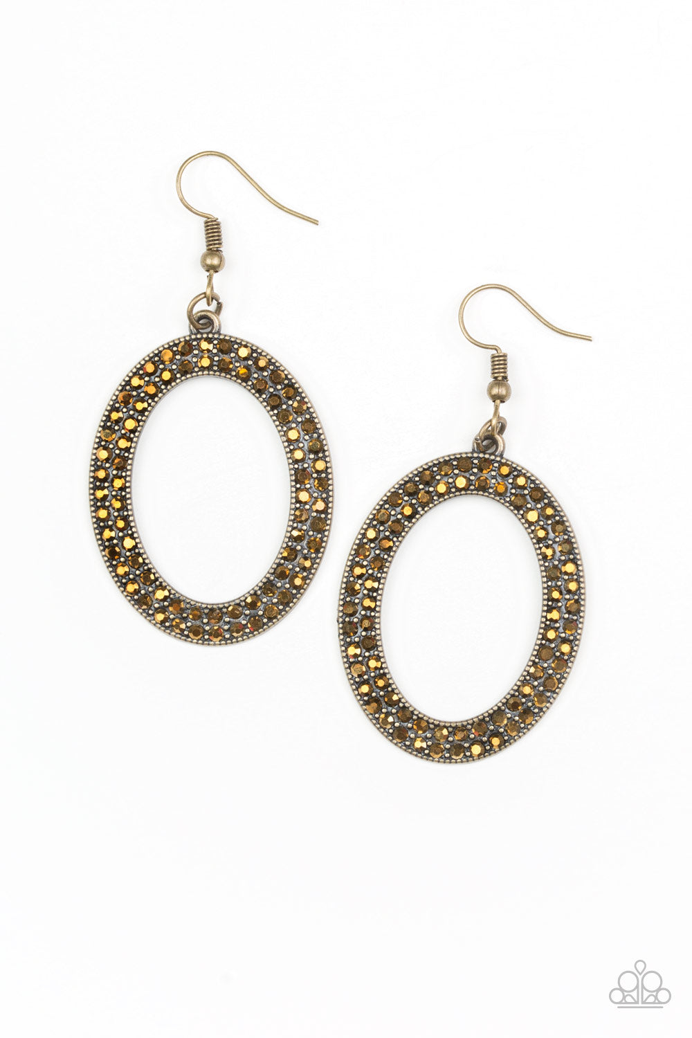 Go Down In Glitter - Brass Earrings - Paparazzi Accessories - Encrusted in two rows of glassy aurum rhinestones, a shimmery brass hoop swings from the ear in a glamourous fashion. Earring attaches to a standard fishhook fitting. Sold as one pair of earrings.