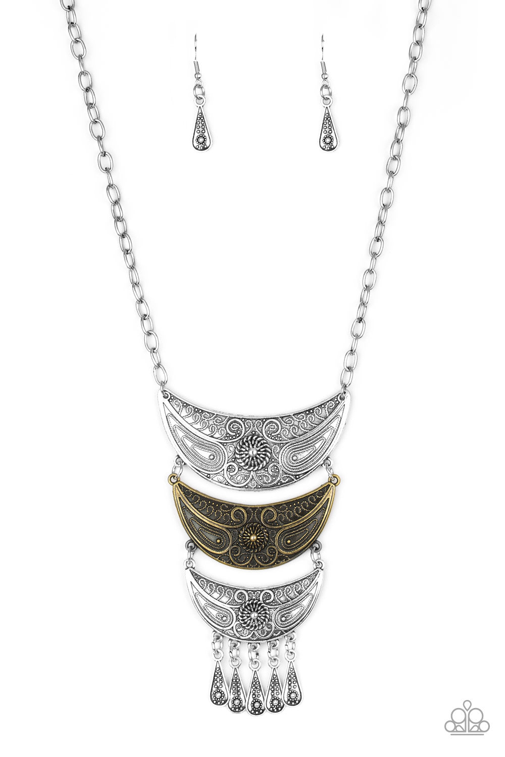 Go STEER-Crazy - Multi - Brass - Silver Necklace - Paparazzi Accessories - Gradually decreasing in size down the chest, decorative silver and brass crescent plates connect into a bold pendant. Dotted in dainty studs, teardrop silver frames swing from the bottom of the tribal inspired pendant for a fierce finish. Features an adjustable clasp closure.