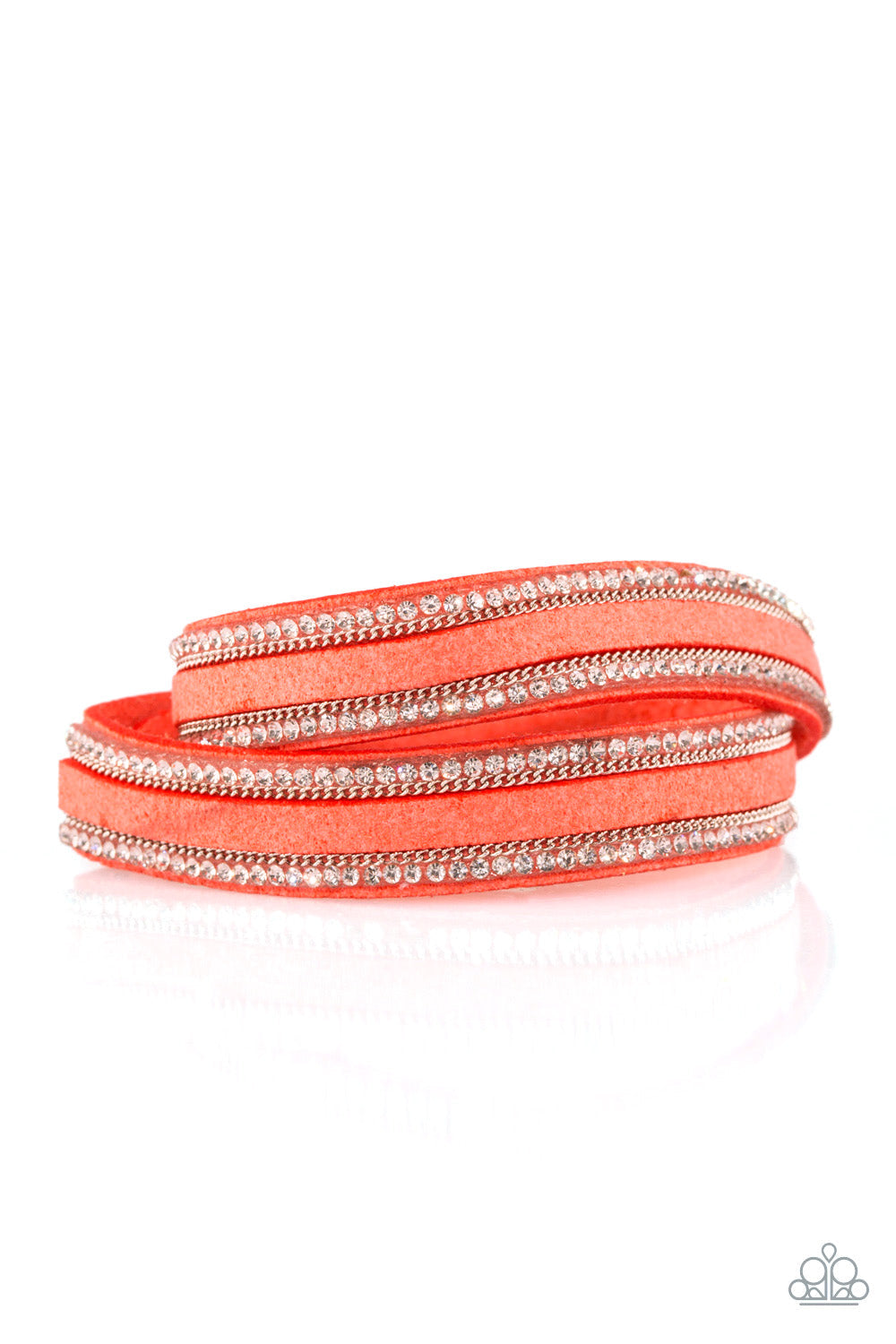 Going For Glam - Orange Suede Wrap - Snap Bracelet - Paparazzi Accessories - An elongated orange suede band is encrusted in rows of glassy white rhinestones and shimmery silver chains. The elongated band double wraps around the wrist for a fierce one-of-a-kind look. Features an adjustable snap closure. Sold as one individual bracelet.