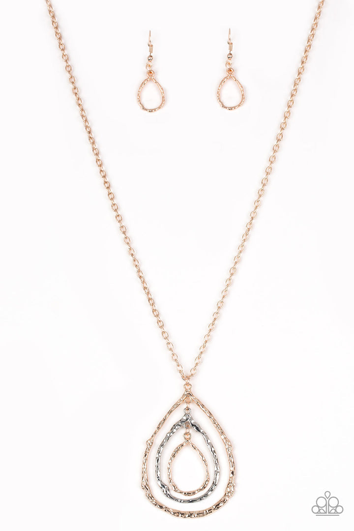Going For Grit - Rose Gold and Silver Teardrop Necklace - Paparazzi Accessories - Bejeweled Accessories By Kristie - High-sheen shimmer, delicately hammered rose gold and silver teardrop silhouettes swing from the bottom of a lengthened rose gold chain for a rustic look. Features an adjustable clasp closure.