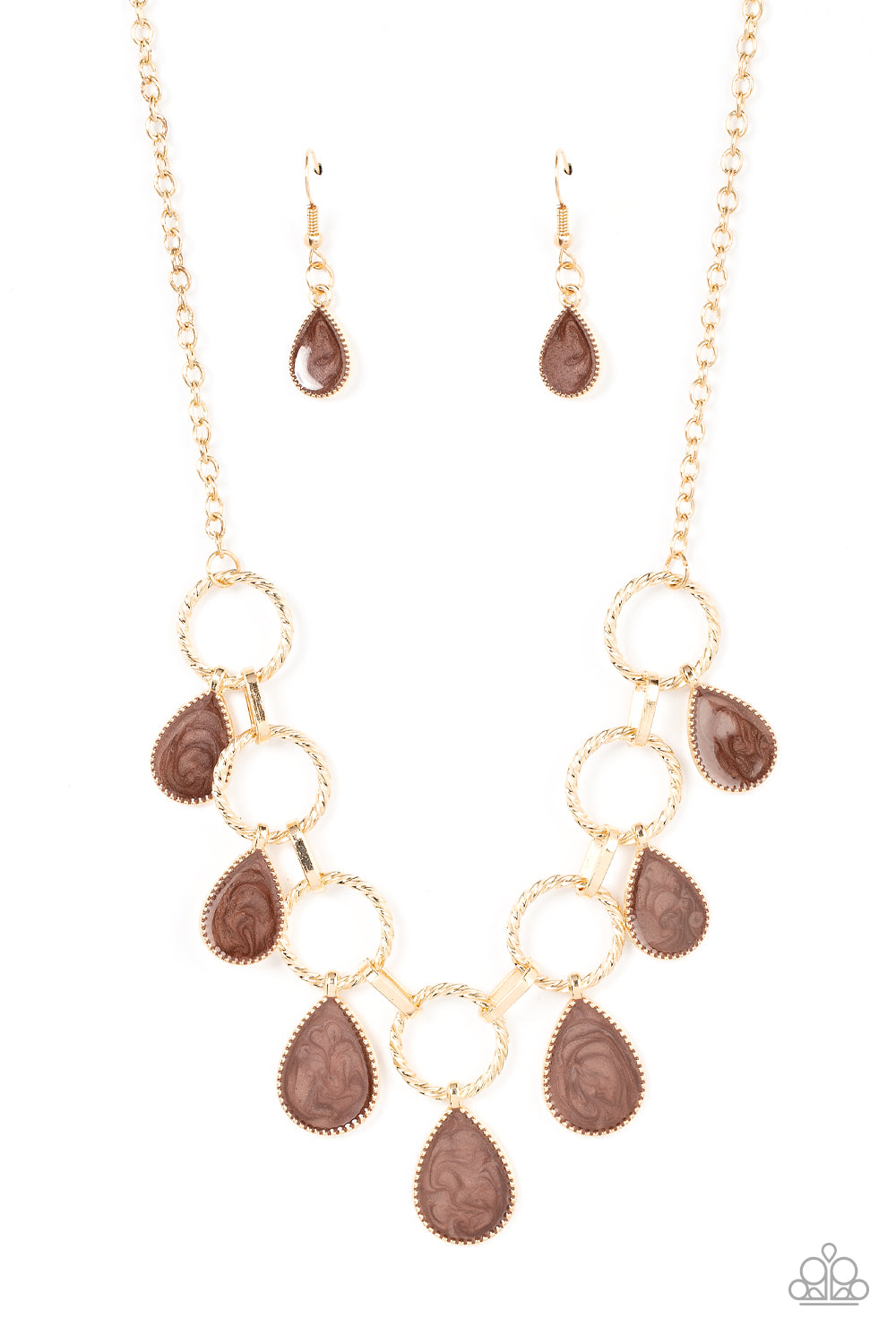 Golden Glimmer - Brown Necklace - Paparazzi Accessories - Swirling with brown glazed finishes, textured gold teardrops swing from the bottoms of spun gold hoops that link with pinched gold fittings below the collar, resulting in a refined fringe below the collar.