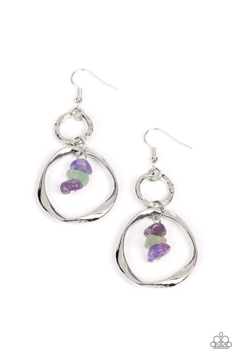 Good-Natured Spirit - Amethyst and Jade Earrings - Paparazzi Accessories - A warped silver hoop links with a hammered silver hoop, interlocking into a rustic lure. Threaded along a metal rod, amethyst and jade pebbles trickle from the top of the lowermost hoop for a tranquil finish. Earring attaches to a standard fishhook fitting. Sold as one pair of earrings.