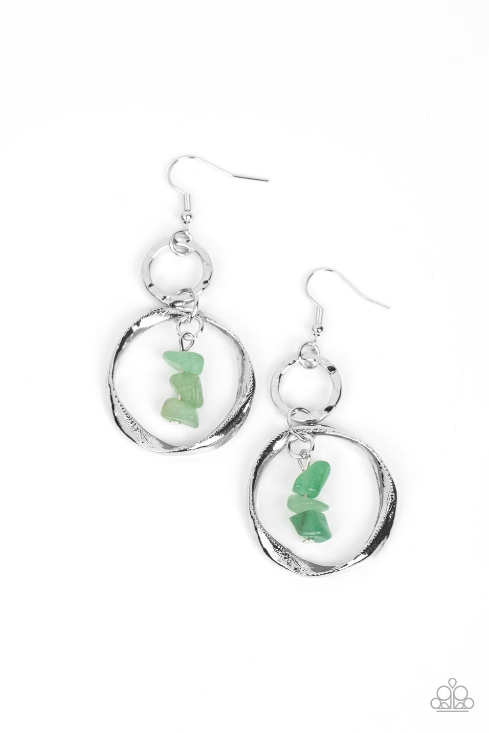 Good-Natured Spirit - Jade Green Earrings - Paparazzi Accessories - A warped silver hoop links with a hammered silver hoop, interlocking into a rustic lure. Threaded along a metal rod, jade pebbles trickle from the top of the lowermost hoop for a tranquil finish.