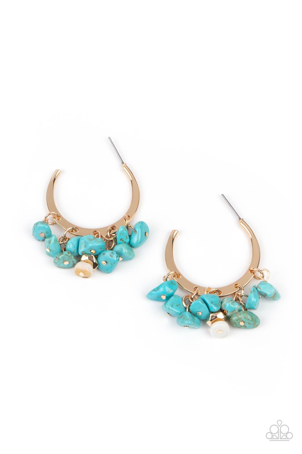Gorgeously Grounding - Gold - Turquoise Hoop Earrings - Paparazzi Accessories - 
Clusters of turquoise pebbles swing from the bottom of a dainty gold hoop, creating an earthy fringe. A faceted gold and white stone bead swings from the center, adding an ethereal edge. Earring attaches to a standard post fitting. Hoop measures approximately 1 1/4" in diameter.
Sold as one pair of hoop earrings.
