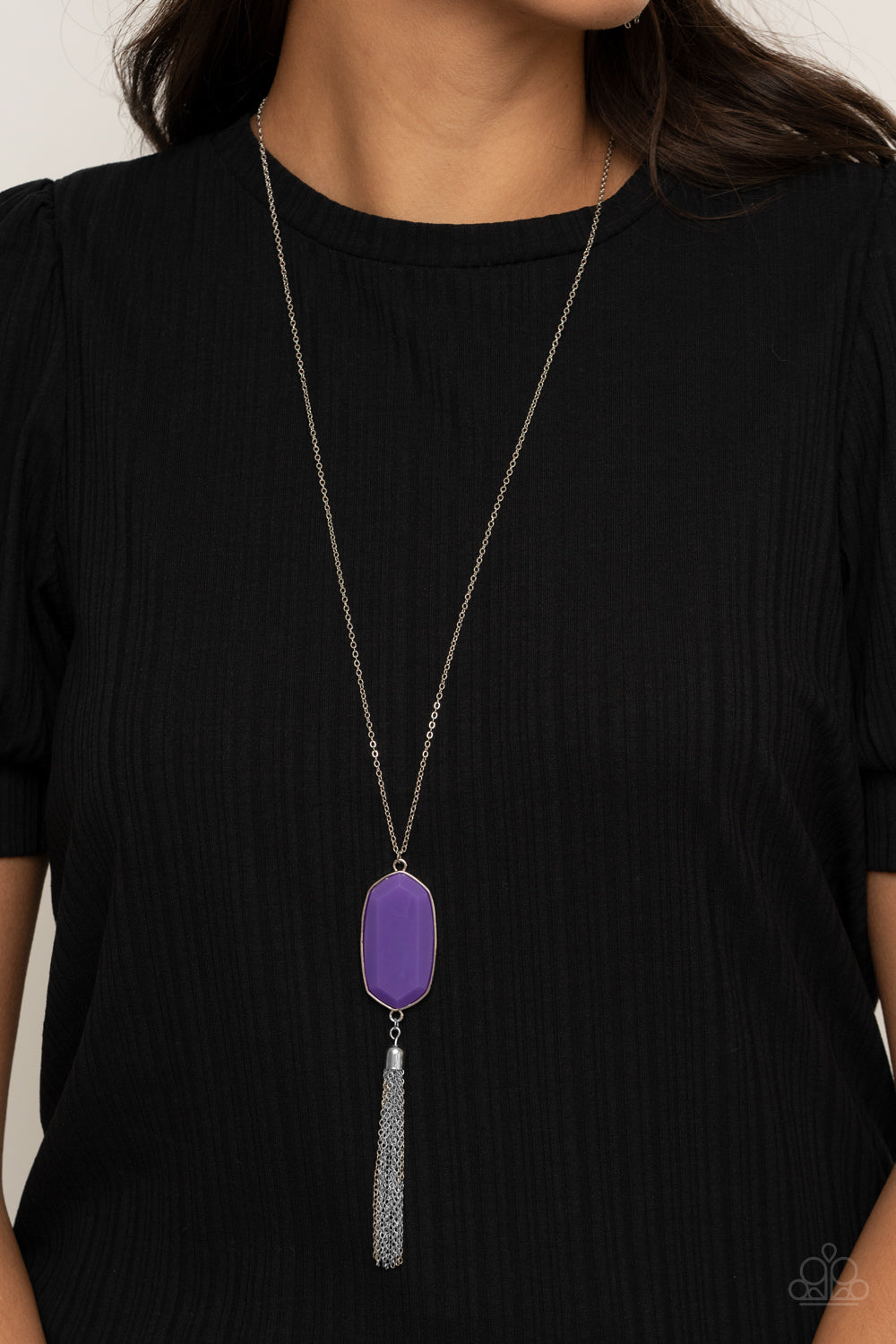 Got A Good Thing GLOWING - Purple and Silver Necklace - Paparazzi Accessories - Featuring a faceted surface, a dewy purple acrylic gem swings from the bottom of a lengthened silver chain. A shimmery silver chain tassel attaches to the bottom of the colorful pendant, adding flirtatious movement. Features an adjustable clasp closure. Sold as one individual necklace.