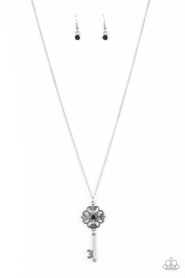 Got It On Lock - Black - Silver Necklace - Paparazzi Accessories - Dotted with a glittery black rhinestone, a vintage inspired key pendant swings from the bottom of an elegantly elongated silver chain for a whimsical stylish fashion necklace.