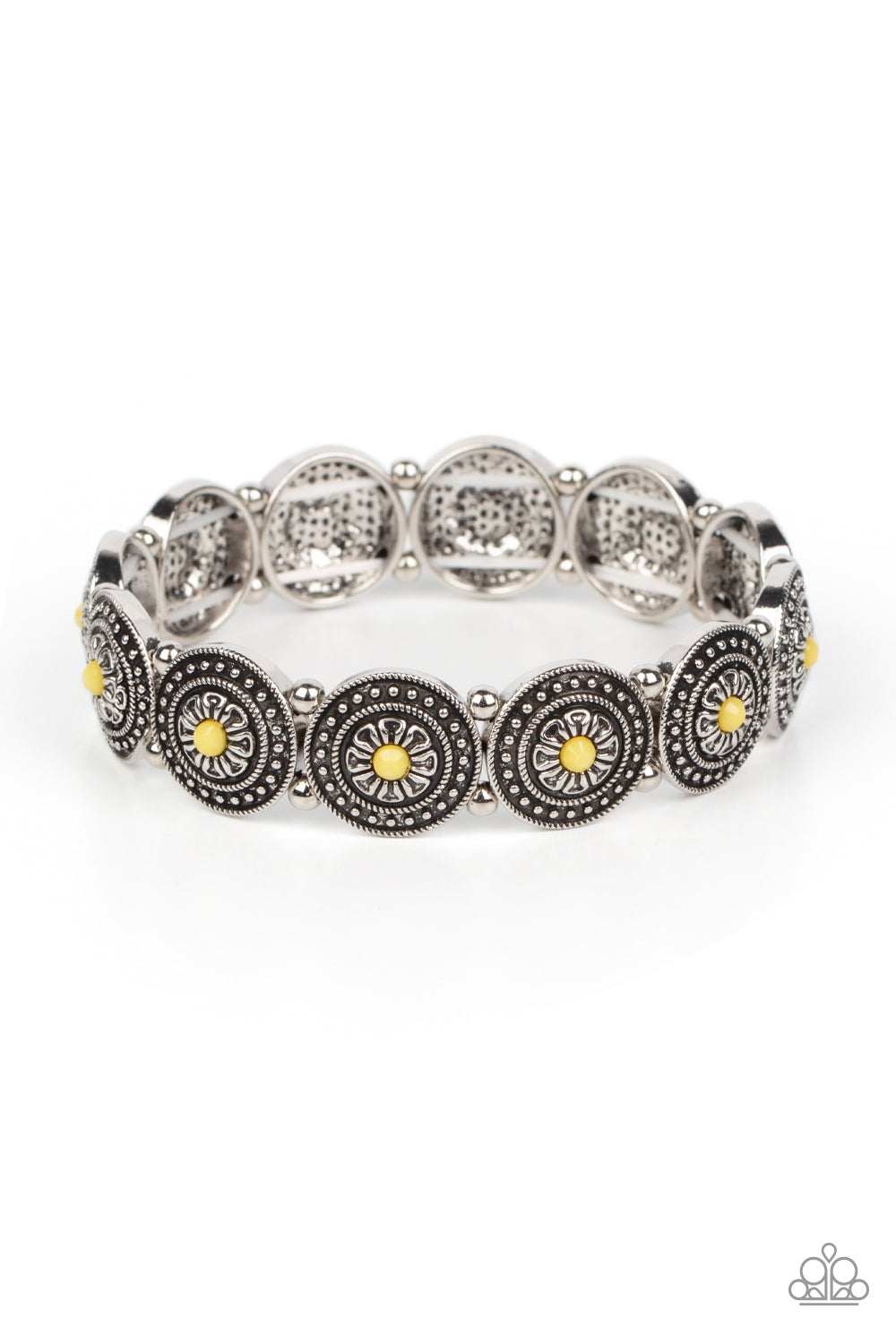 Granada Garden Party - Yellow and Silver Stretchy Bracelet - Paparazzi Accessories  - Collection of floral silver frames alternate with dainty silver beads along stretchy bands around the wrist for a whimsical colorful yellow bracelet.