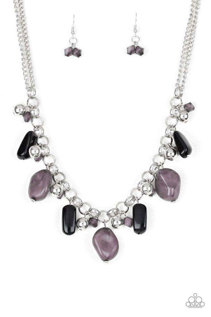 Grand Canyon Grotto - Black Faux Rock and Silver Necklace - Paparazzi Accessories - 
Featuring polished and cloudy finishes, a collection of black faux rocks dance from the bottom of a bold silver chain. Classic silver beads trickle between the colorful beading, adding a metallic shimmer to the whimsical fringe. Features an adjustable clasp closure.
