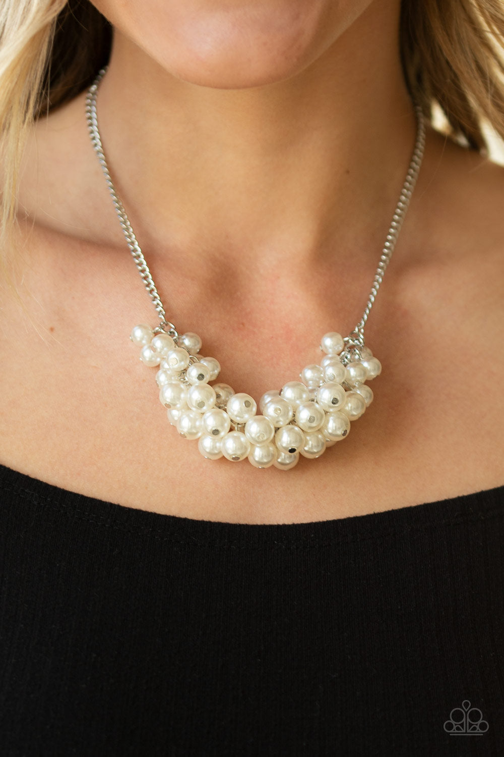Grandiose Glimmer - White Pearl and Silver Necklace - Paparazzi Accessories - Bubbly white pearls dangle from the bottom of a glistening silver chain, creating a glamorously clustered display below the collar. Features an adjustable clasp closure.