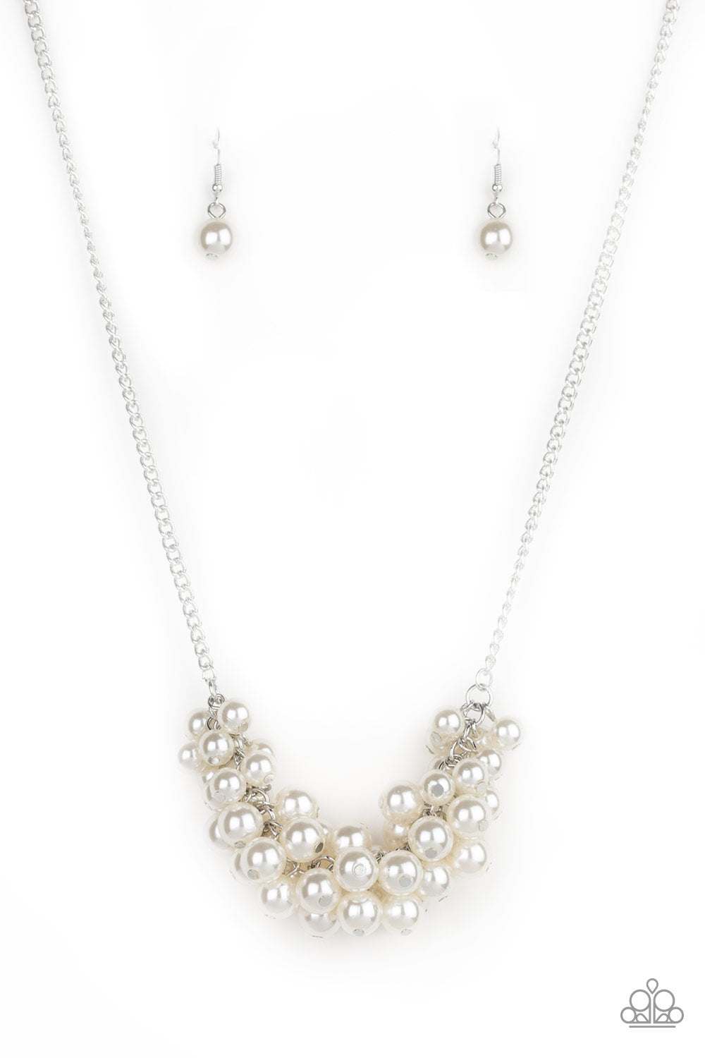 Grandiose Glimmer - White Pearl and Silver Necklace - Paparazzi Accessories - Bubbly white pearls dangle from the bottom of a glistening silver chain, creating a glamorously clustered display below the collar. Features an adjustable clasp closure.