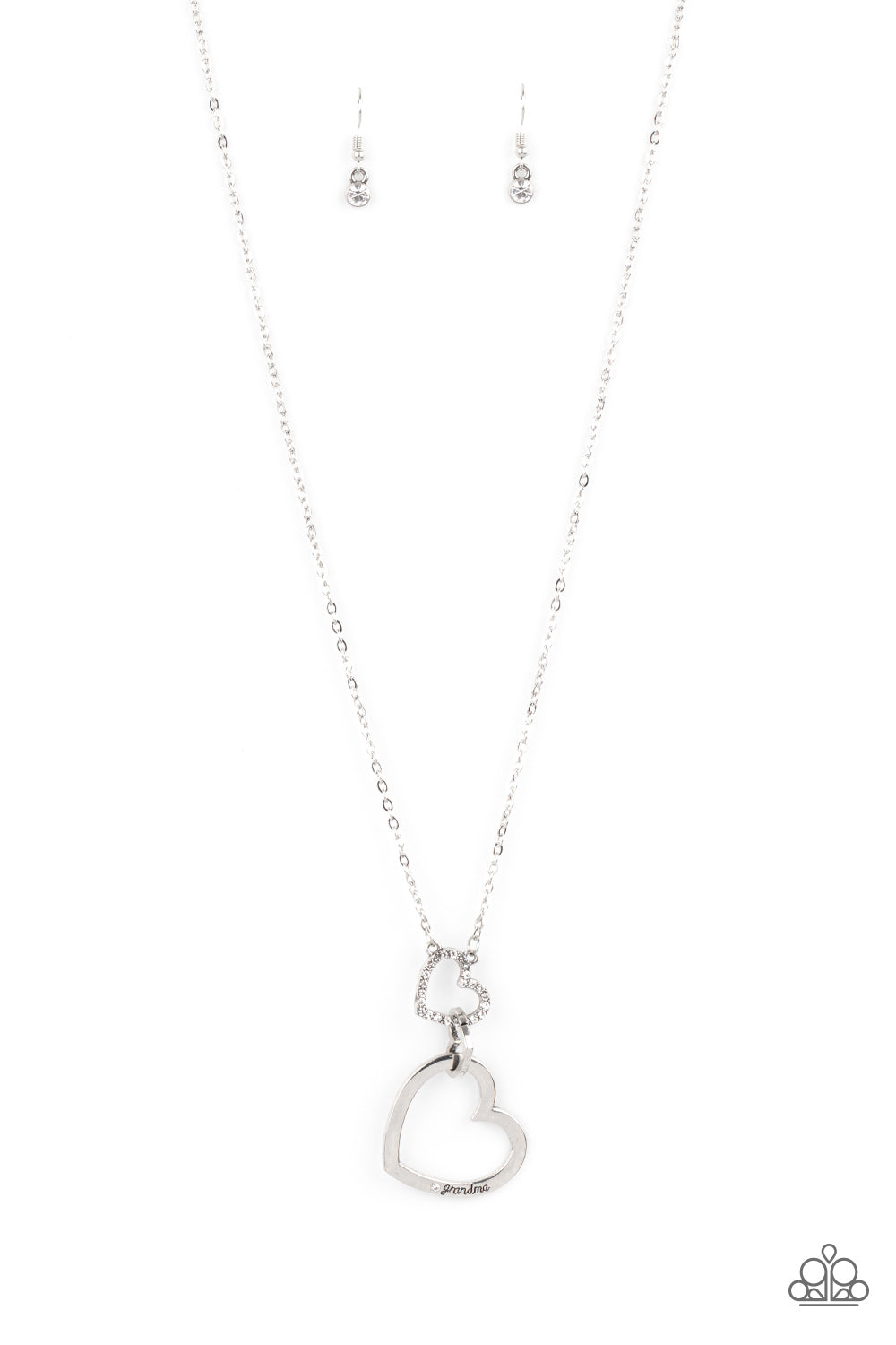 Grandma Glow - White and Silver Necklace - Paparazzi Accessories - A silver heart engraved with the word "Grandma," dangles from two smaller hearts at the bottom of a lengthened silver chain. The first heart is accented with sparkly white rhinestones creating an affectionately sentimental pendant.