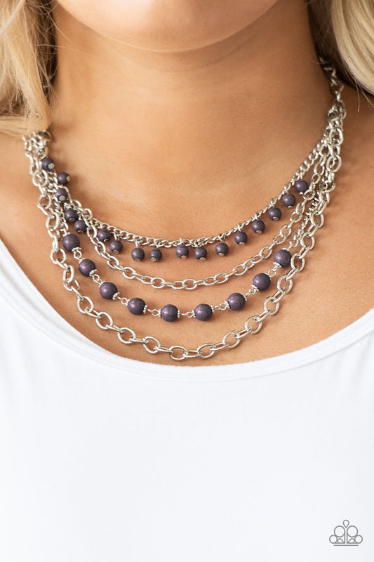 Ground Forces - Purple and Silver Necklace - Paparazzi Accessories - Featuring vivacious purple stone accents, mismatched silver chains layer below the collar for a seasonal look. Features an adjustable clasp closure. Sold as one individual necklace.