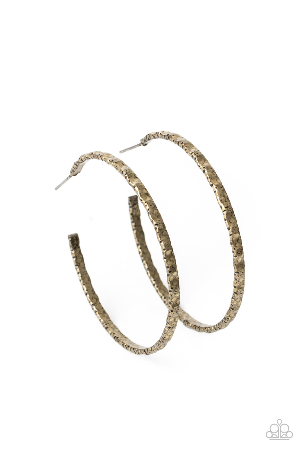 Grungy Grit - Brass Hoop Earrings - Paparazzi Accessories - Brushed in an antiqued finish, a gritty brass hoop is hammered in grungy details for an edgy industrial flair. Earring attaches to a standard post fitting. Hoop measures approximately 2" in diameter hoop earrings.