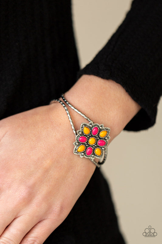 ​Happily Ever APPLIQUE - Orange - Pink - Silver Cuff Bracelet - Paparazzi Accessories - Orange and pink teardrop beads embellish a decoratively studded frame atop a textured silver cuff, creating a whimsical pop of color atop the wrist. Sold as one individual bracelet.