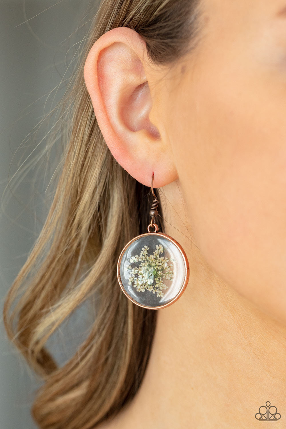 ​Happily Ever Eden - Copper - White Flower Earrings - Paparazzi Accessories - Dainty white firework flowers are encased inside a glassy casing bordered in an antiqued copper trim, creating a whimsical frame. Earring attaches to a standard fishhook fitting. Sold as one pair of earrings.