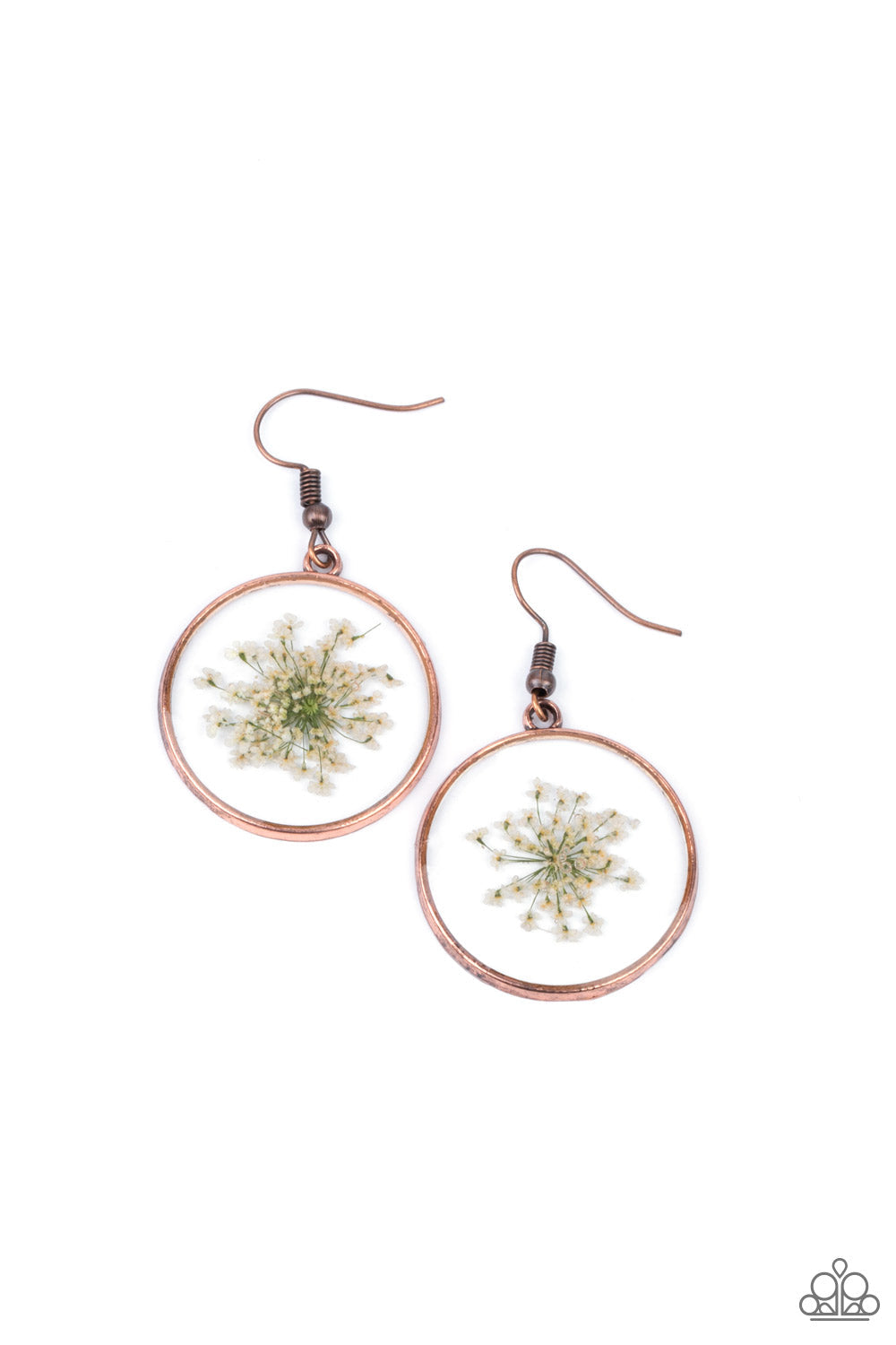 ​Happily Ever Eden - Copper - White Flower Earrings - Paparazzi Accessories - Dainty white firework flowers are encased inside a glassy casing bordered in an antiqued copper trim, creating a whimsical frame. Earring attaches to a standard fishhook fitting. Sold as one pair of earrings.