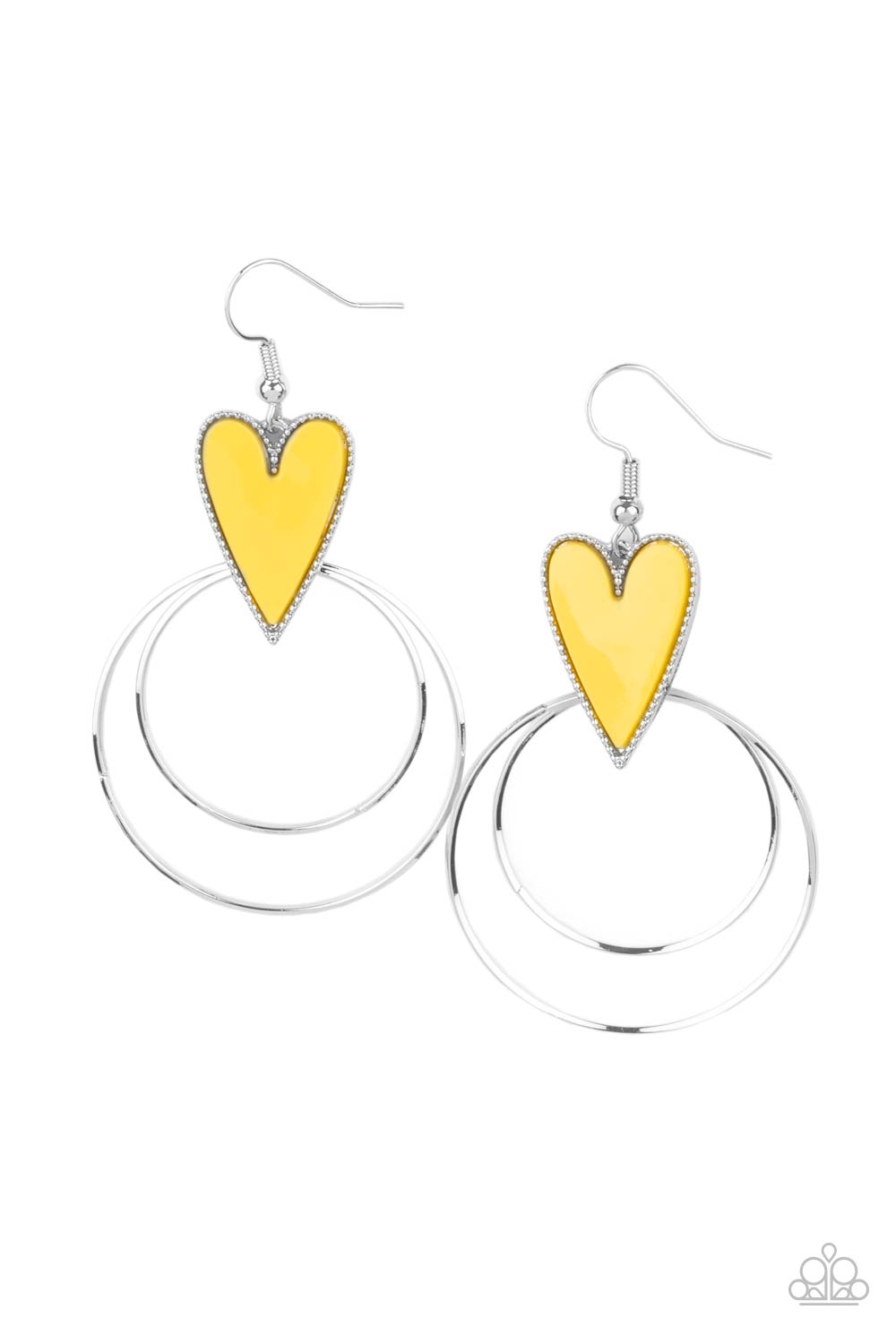 Happily Ever Hearts - Yellow and Silver Earrings - Paparazzi Accessories - Dainty silver hoops attach to the bottom of a playful Illuminating heart frame, creating a flirtatious pop of color. Earring attaches to a standard fishhook fitting. Sold as one pair of earrings.