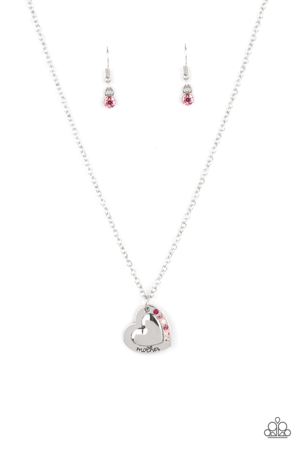 Happily Heartwarming - Pink and Silver Heart Mother Necklace - Paparazzi Accessories - Stamped in the word, "Mother," an embossed heart pendant is encrusted in a row of pink, white, and iridescent rhinestones, creating a sparkly sentimental centerpiece below the collar. Features an adjustable clasp closure.