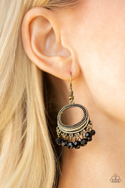 Happy Days - Brass and Black Fashion Earrings - Paparazzi Accessories - Glittery black crystal-like beads swing from the bottom of a studded round brass frame, creating a twinkling fringe.