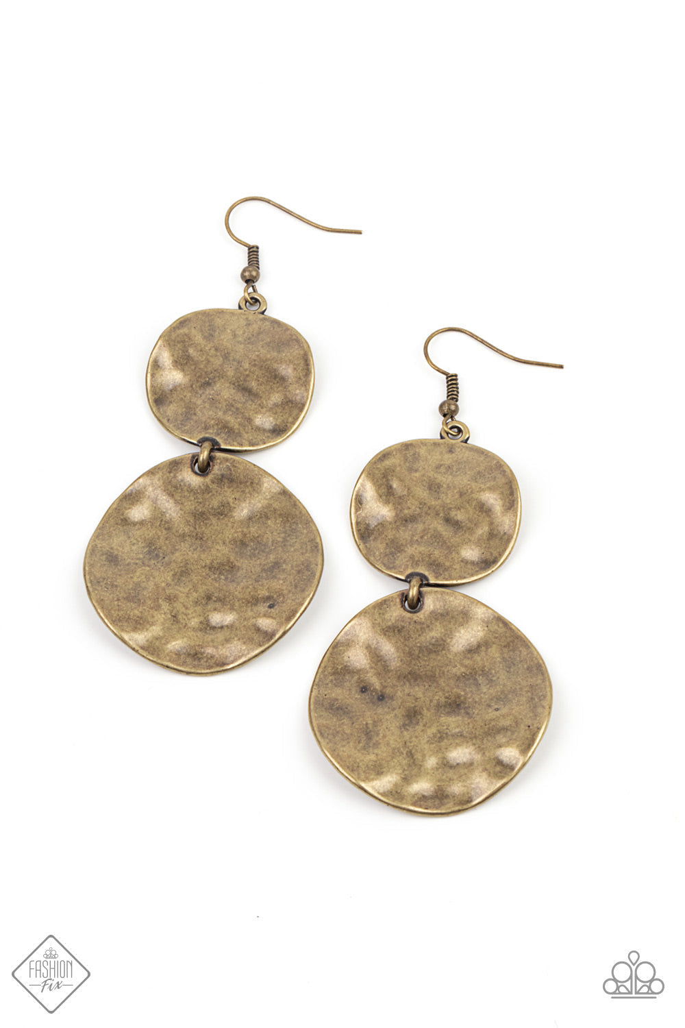 HARDWARE-Headed - Brass Earrings - Paparazzi Accessories - Hammered in rippling waves, a pair of textured brass discs link into a dramatic lure with industrial edgy fashion earrings. Trendy fashion jewelry for everyone.
