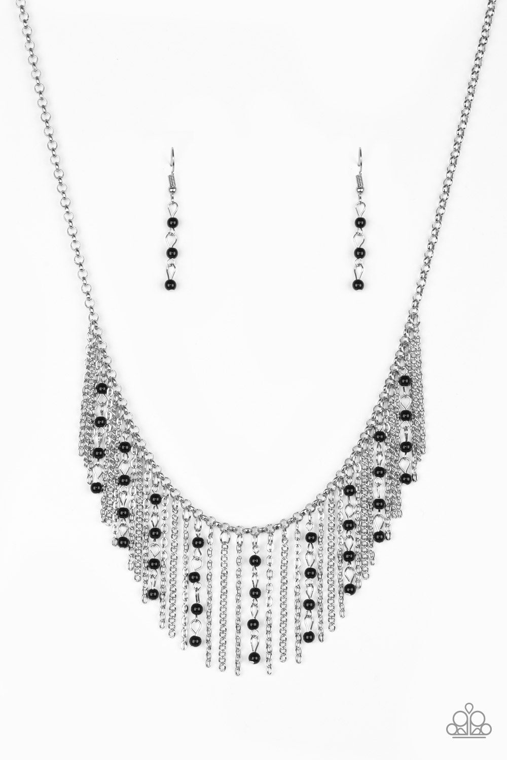 Harlem Hideaway - Silver and Black Necklace - Paparazzi Accessories - Infused with black beaded tassels, shimmery silver chains stream below the collar, creating a colorful fringe. Features an adjustable clasp closure. Sold as one individual necklace. 