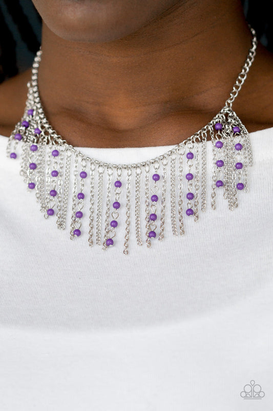 Harlem Hideaway - Purple and Silver Necklace - Paparazzi Accessories - Infused with purple beaded tassels, shimmery silver chains stream below the collar, creating a colorful fringe. Features an adjustable clasp closure. Sold as one individual necklace.