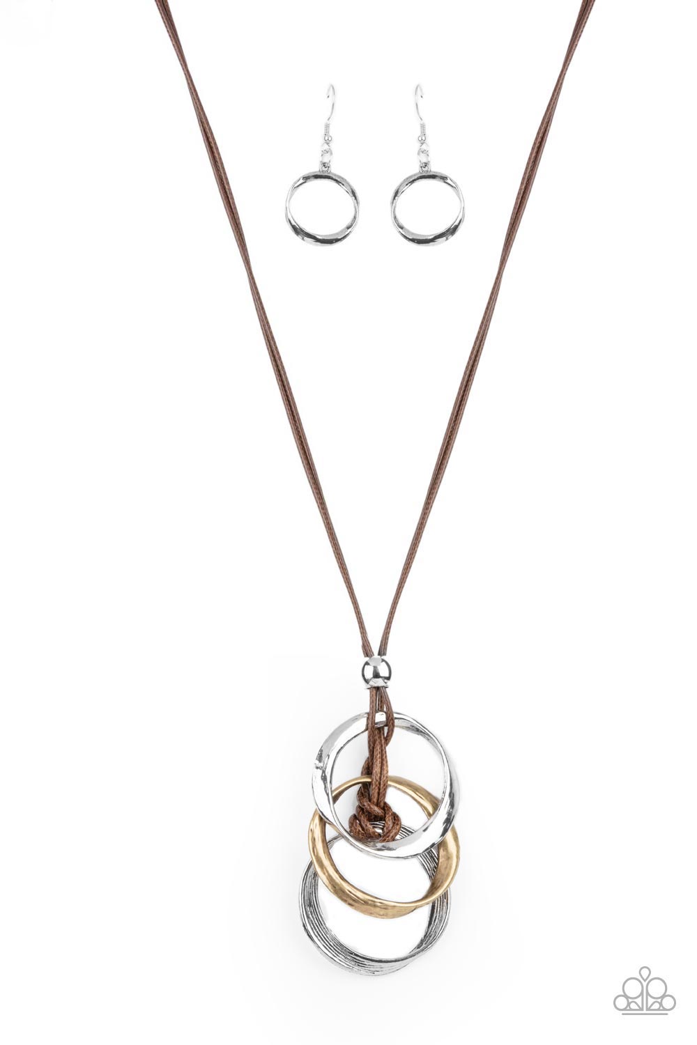 ​Harmonious Hardware - Brown - Brass - Silver Necklace - Paparazzi Accessories - 
Infused with a silver bead, curved brass and silver rings are knotted in place at the bottom of a shiny brown cord for an intense industrial display. Features an adjustable clasp closure.
Sold as one individual necklace. Includes one pair of matching earrings.
