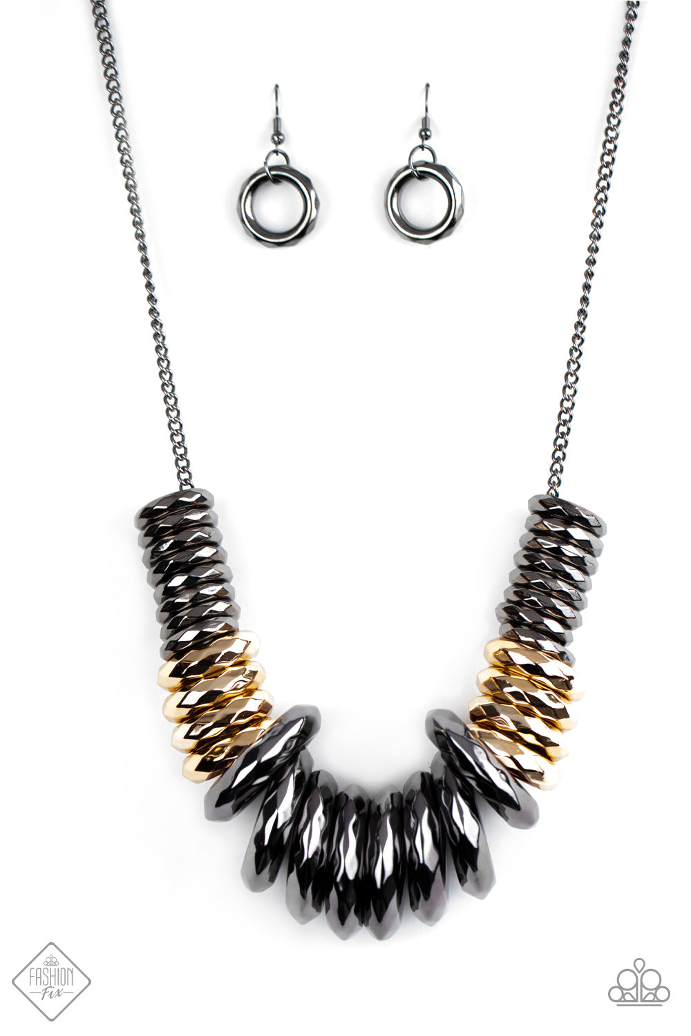 Haute Hardware - Gold and Gunmetal Necklace - Paparazzi Accessories - Gradually increasing in size, a collision of faceted gunmetal and gold rings slides along a classic gunmetal chain below the collar, creating a bold industrial statement piece. Features an adjustable clasp closure. Sold as one individual necklace.